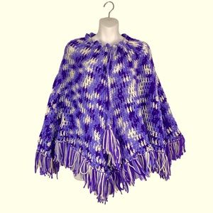 VINTAGE Handmade Crocheted Fringed Purple Pullover Poncho Sweater